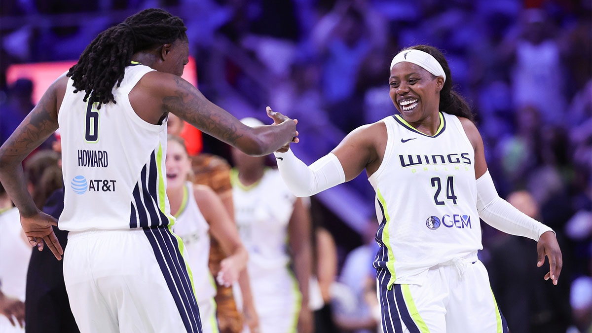Dallas Wings guard Arike Ogunbowale (24) celebrates with Dallas Wings forward Natasha Howard (6) during the second half against the Chicago Sky at College Park Center.