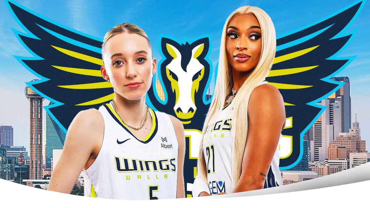 Dallas Wings players Paige Bueckers and DiJonai Carrington looking serious on right. Dallas Wings 2025 logo on left. Place the skyline of Dallas, TX in background.
