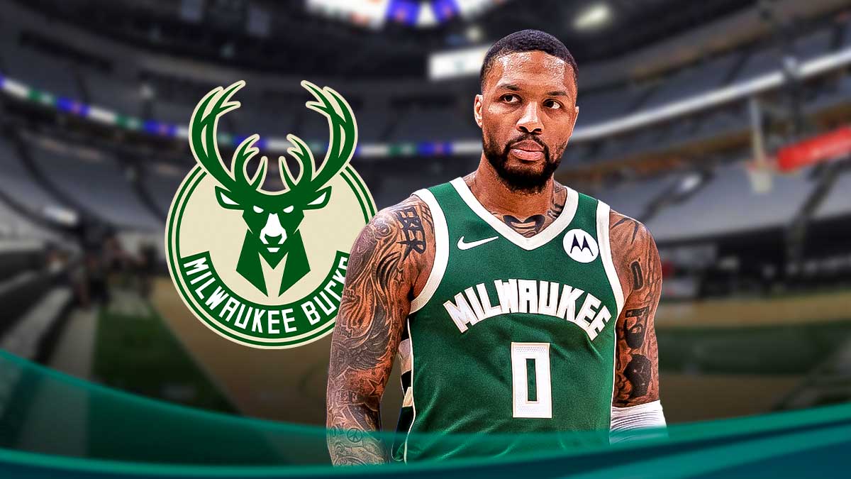 Damian Lillard looking serious with the Bucks logo next to him