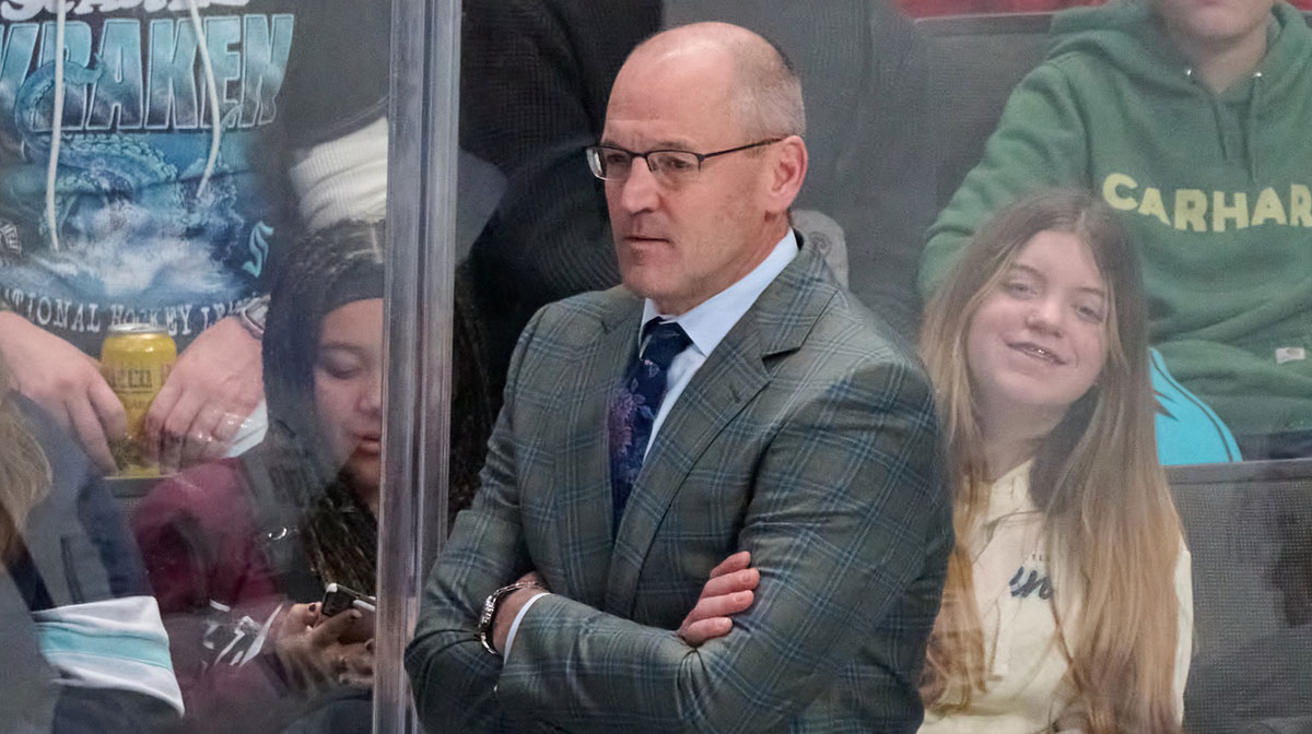 Seattle Kraken head coach Dan Bylsma watches the play against the San Jose Sharks during the third period at SAP Center at San Jose.