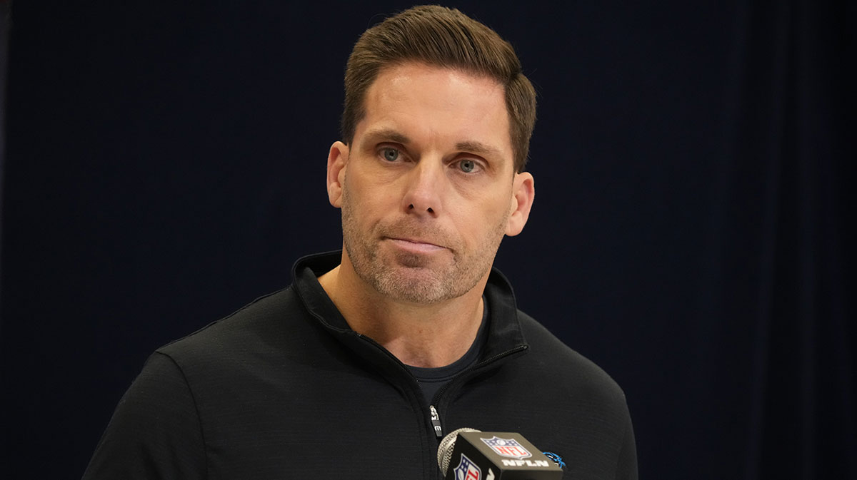 Carolina Panthers general manager Dan Morgan speaks during the NFL Scouting Combine at the Indiana Convention Center.