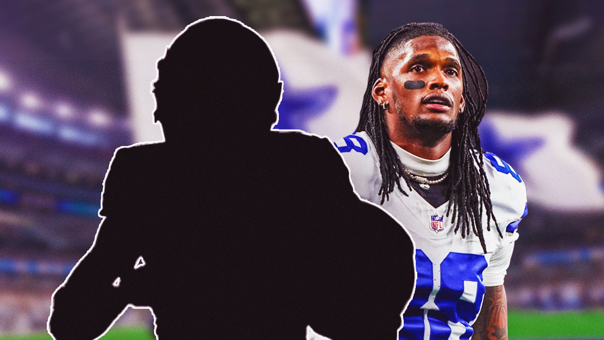 CeeDee Lamb next to the blacked-out silhouette of Tetairoa McMillan in front of the Cowboys Stadium.