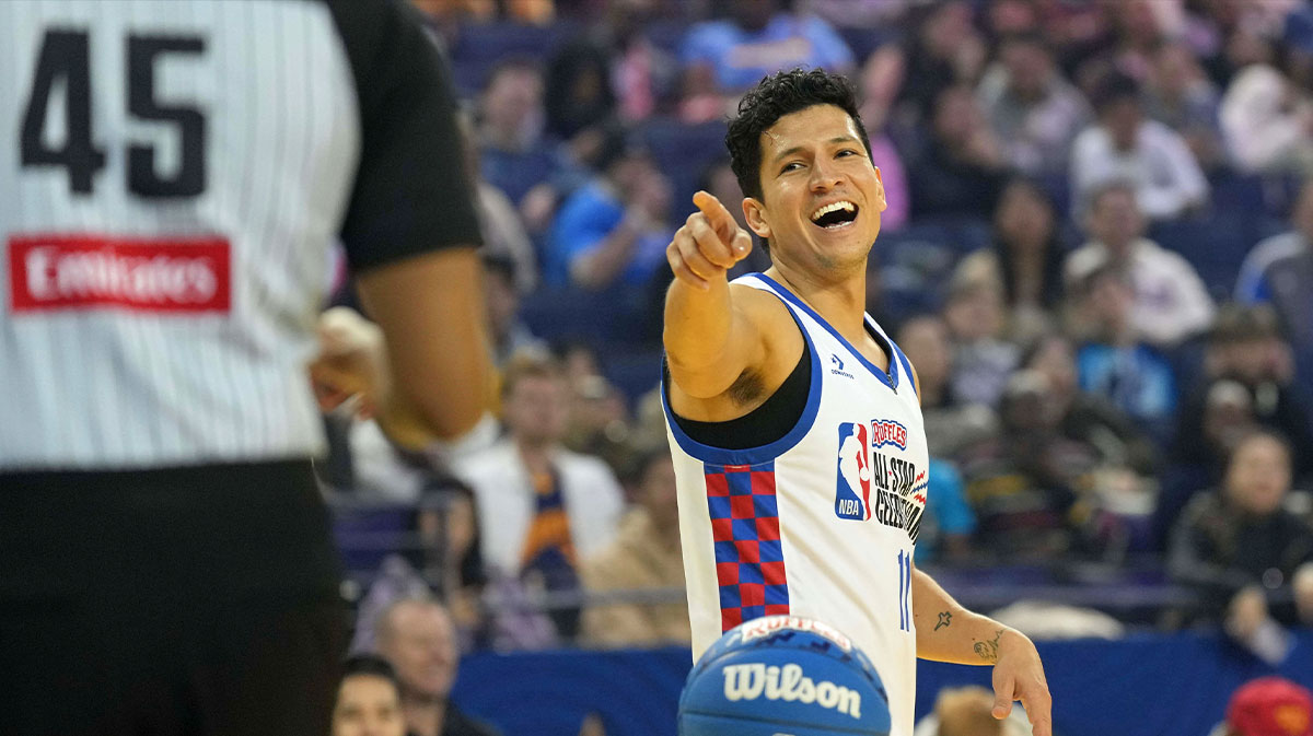 Marvel's Falcon actor Danny Ramirez, who went to a Miami Hurricanes football game with Top Gun: Maverick and Avengers: Doomsday co-star Lewis Pullman, at the NBA Celebrity All-Star Game.