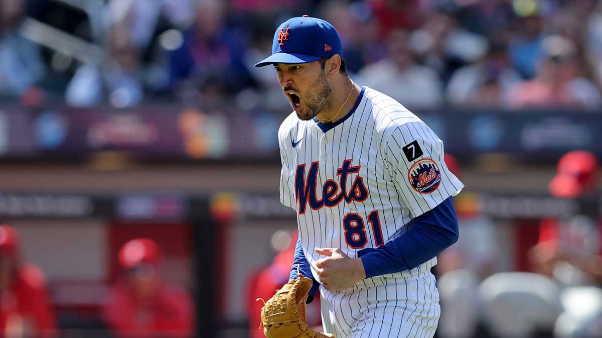 New York Mets relief pitcher Danny Young (81) reacts during the seventh inning against the Philadelphia Phillies at Citi Field.