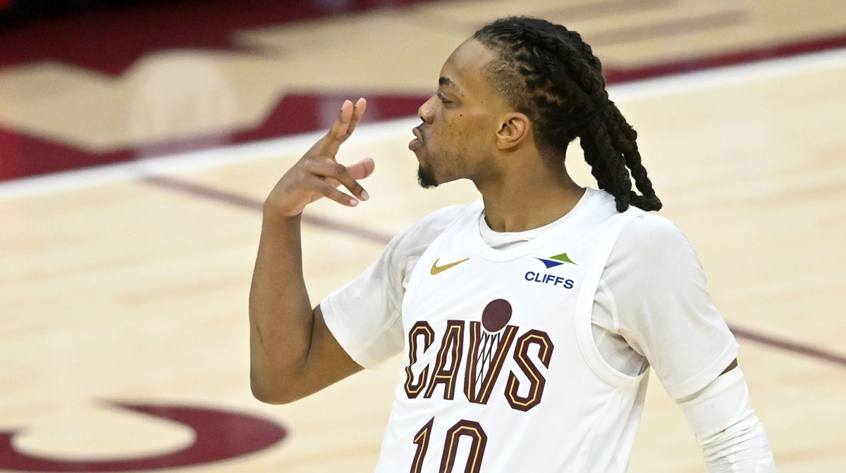 Cleveland Cavaliers guard Darius Garland (10) celebrates after making a three-point basket in the fourth quarter at Rocket Arena.