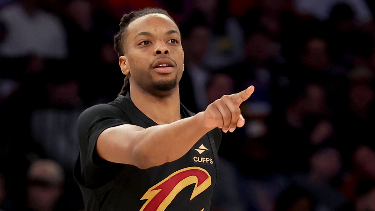 Cleveland Cavaliers guard Darius Garland (10) brings the ball up court against the New York Knicks during the second quarter at Madison Square Garden.