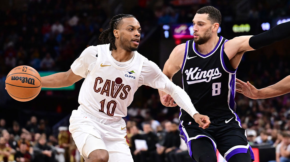 Cleveland Cavaliers guard Darius Garland (10) drives to the basket against Sacramento Kings guard Zach LaVine (8) during the second half at Rocket Arena.