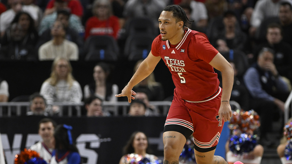 Texas Tech Red Raiders forward Darrion Williams (5) reacts after a three point basket during the first half against the Florida Gators during the West Regional final of the 2025 NCAA tournament at Chase Center.