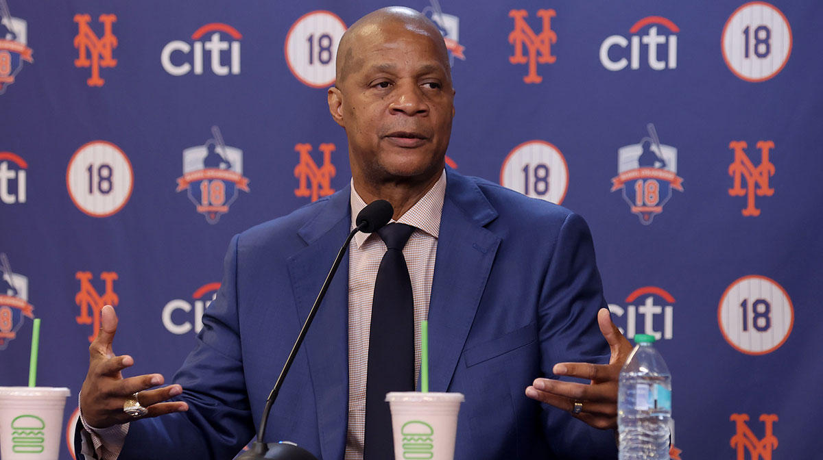 New York Mets former player Darryl Strawberry speaks during a press conference at Citi Field before his number is retired by the team in a ceremony before a game against the Arizona Diamondbacks.