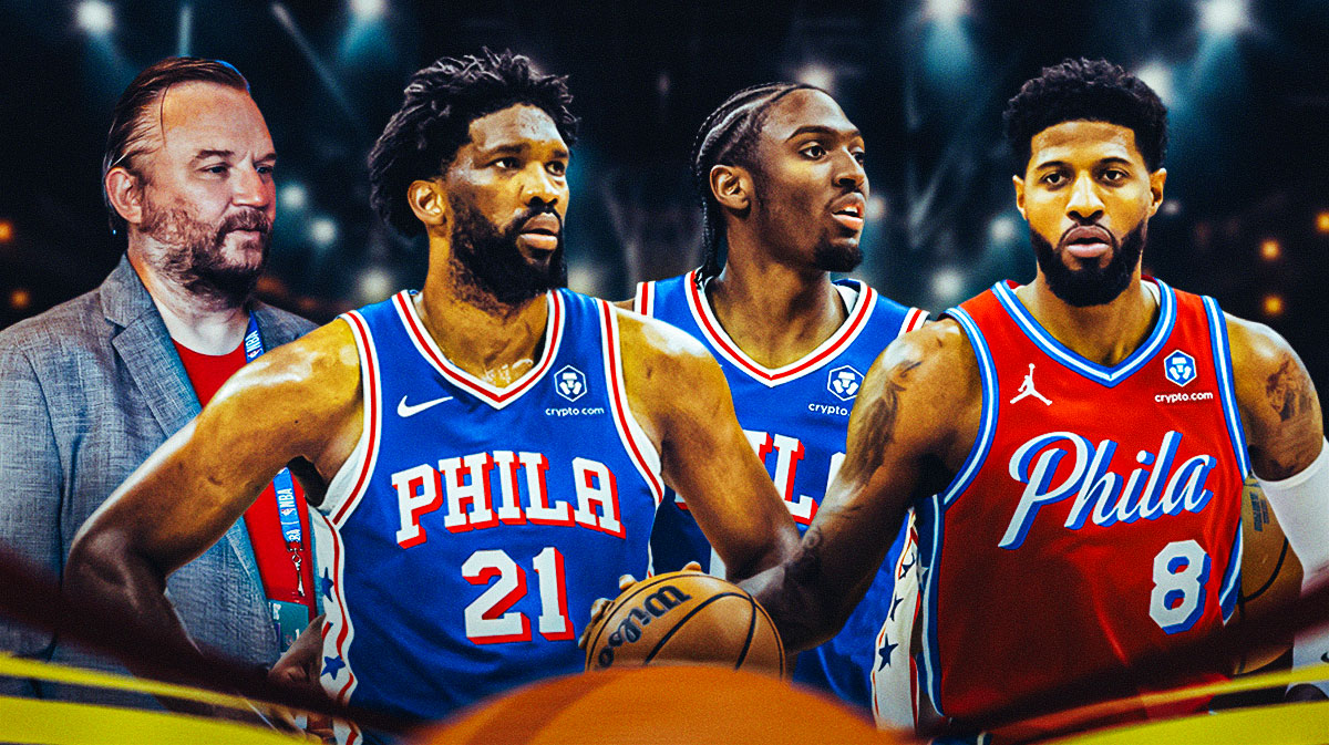 76ers' Daryl Morey, Joel Embiid, Tyrese Maxey and Paul George