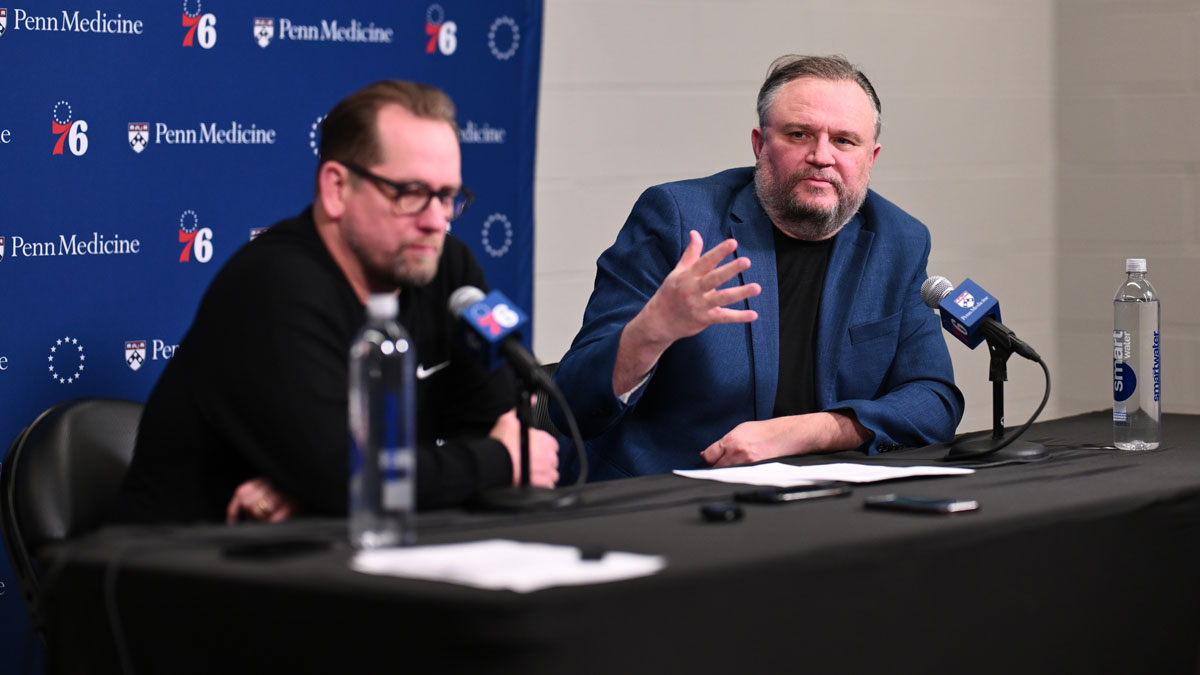 Philadelphia 76ers president of basketball operations Daryl Morey addresses the media with head coach Nick Nurse after the game against the Chicago Bulls at Wells Fargo Center.