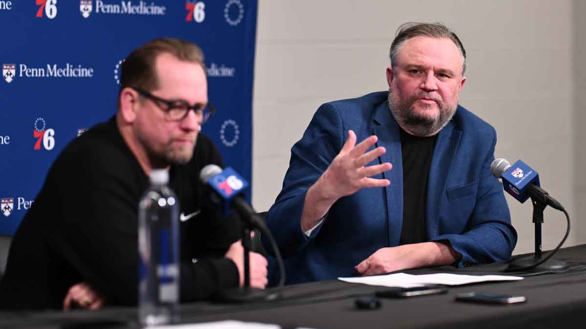Philadelphia 76ers president of basketball operations Daryl Morey addresses the media with head coach Nick Nurse after the game against the Chicago Bulls at Wells Fargo Center.