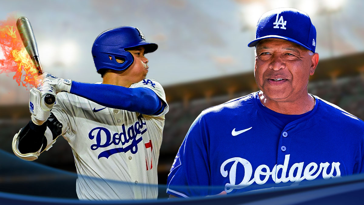 Dodgers, Dave Roberts, Shohei Ohtani, Shohei Ohtani walkoff, Dodgers Braves, Dave Roberts smiling, Shohei Ohtani with fire coming off of his bat, Dodger Stadium in the background