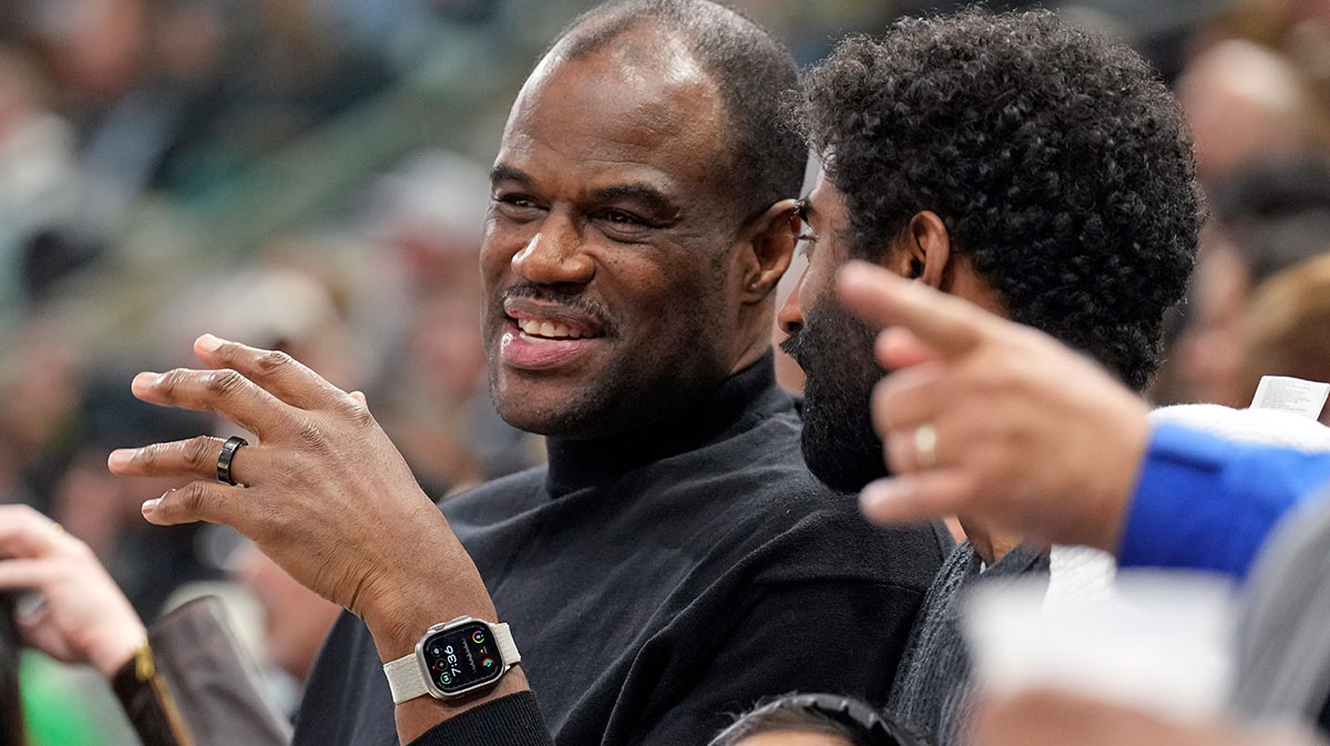 Former San Antonio Spurs player and Hall of Fame David Robinson watches the first half of the game against the Chicago Bulls at Frost Bank Center.