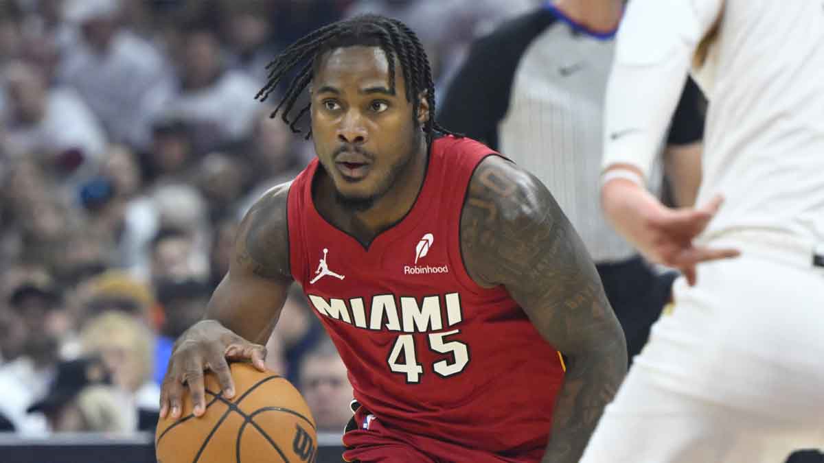 Miami Heat guard Davion Mitchell (45) dribbles in the first quarter against the Cleveland Cavaliers at Rocket Arena.