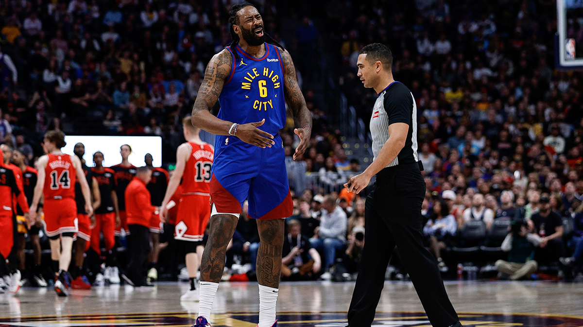 Denver Nuggets center DeAndre Jordan (6) reacts after a call from referee John Conley (56) in the third quarter against the Chicago Bulls at Ball Arena.
