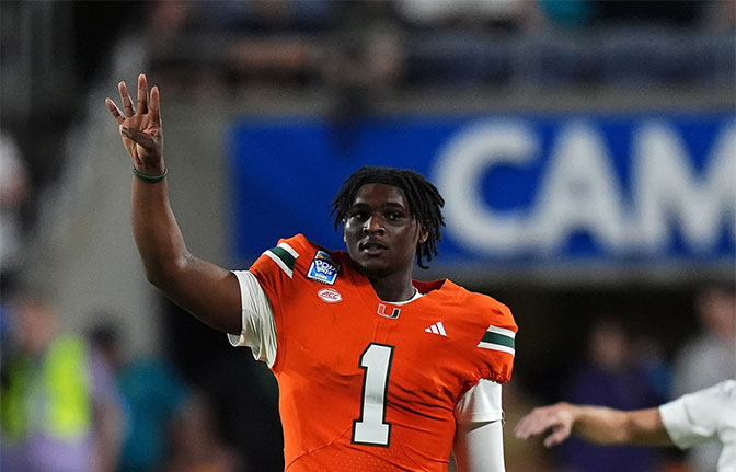 Dec 28, 2024; Orlando, FL, USA; Miami Hurricanes quarterback Cam Ward (1) gestures during the second half against the Iowa State Cyclones at Camping World Stadium. Mandatory Credit: Jasen Vinlove-Imagn Images