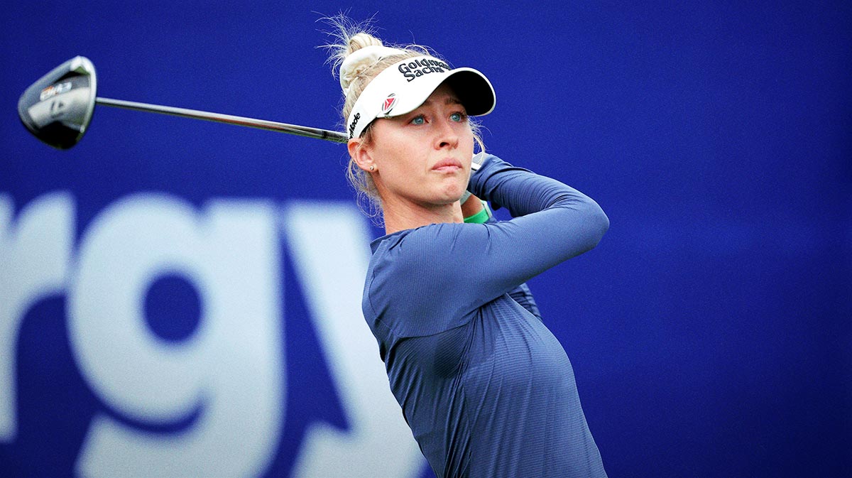 Nelly Korda hits a tee shot at the first hole during the first round of The Chevron Championship