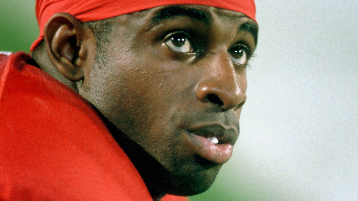 San Francisco 49ers cornerback (21) DEION SANDERS before the start of Super Bowl XXIX as the 49ers defeated the San Diego Chargers 49-26 at Joe Robbie Stadium.