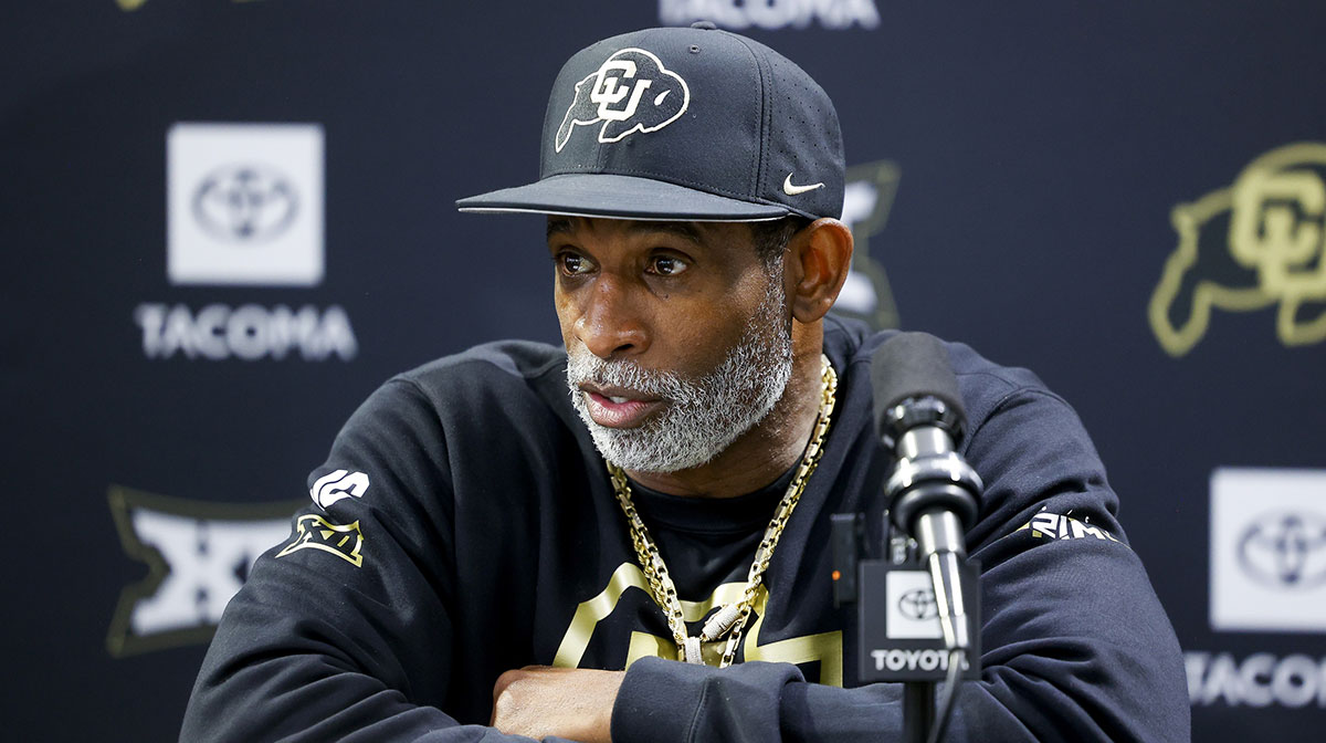 Colorado Buffaloes head coach Deion Sanders speaks to the media at the University of Colorado NFL Showcase at the CU Indoor Practice Facility. Mandatory Credit: Michael Ciaglo-Imagn Images