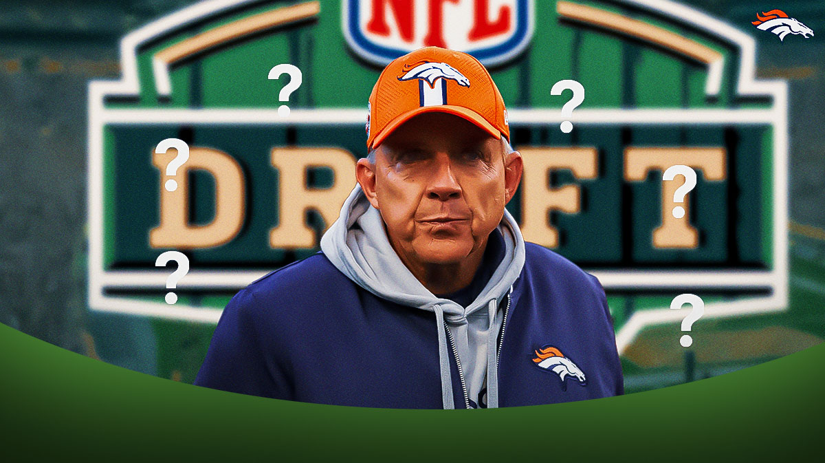 Broncos head coach Sean Payton surrounded by question mark emojis. There are also logos for the Denver Broncos and the 2025 NFL Draft.