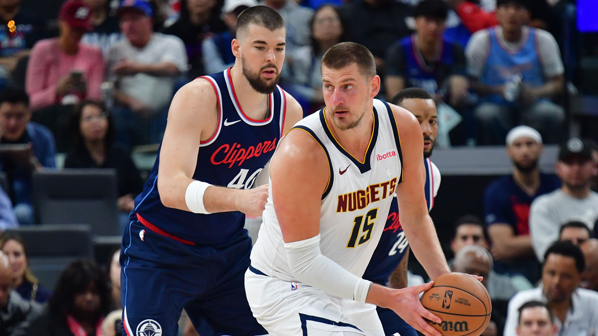 Denver Nuggets center Nikola Jokic (15) controls the ball against Los Angeles Clippers center Ivica Zubac (40) during the second half of game three in the first round for the 2024 NBA Playoffs at Intuit Dome.