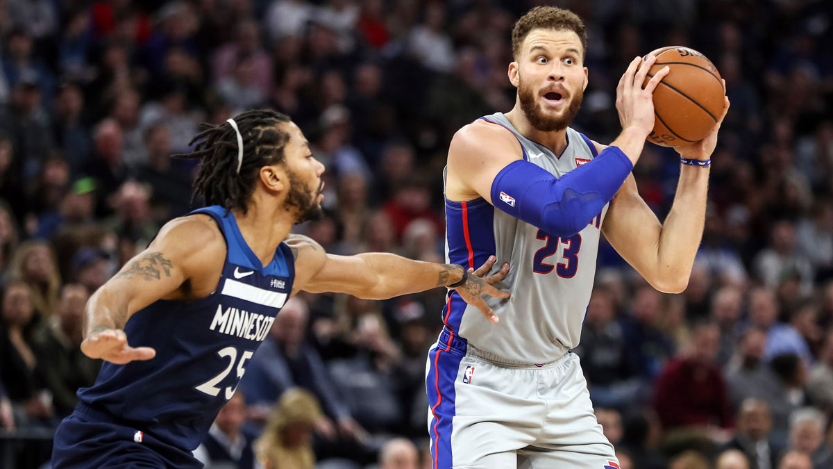 Detroit Pistons forward Blake Griffin (23) is looks to pass around Minnesota Timberwolves guard Derrick Rose (25) during the second quarter at Target Center.