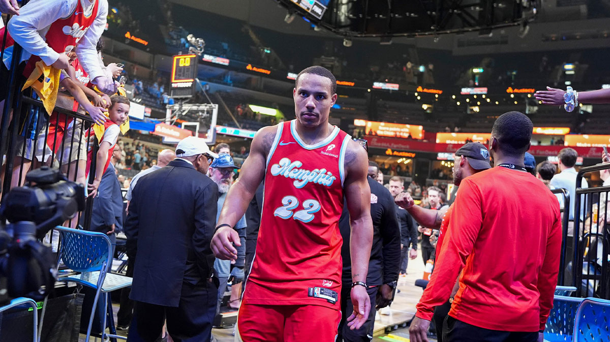 Grizzlies' Desmond Bane (22) walks off the court after the Thunder defeated the Grizzlies 117-115 in Game 4 to win the first-round NBA playoff series at FedExForum