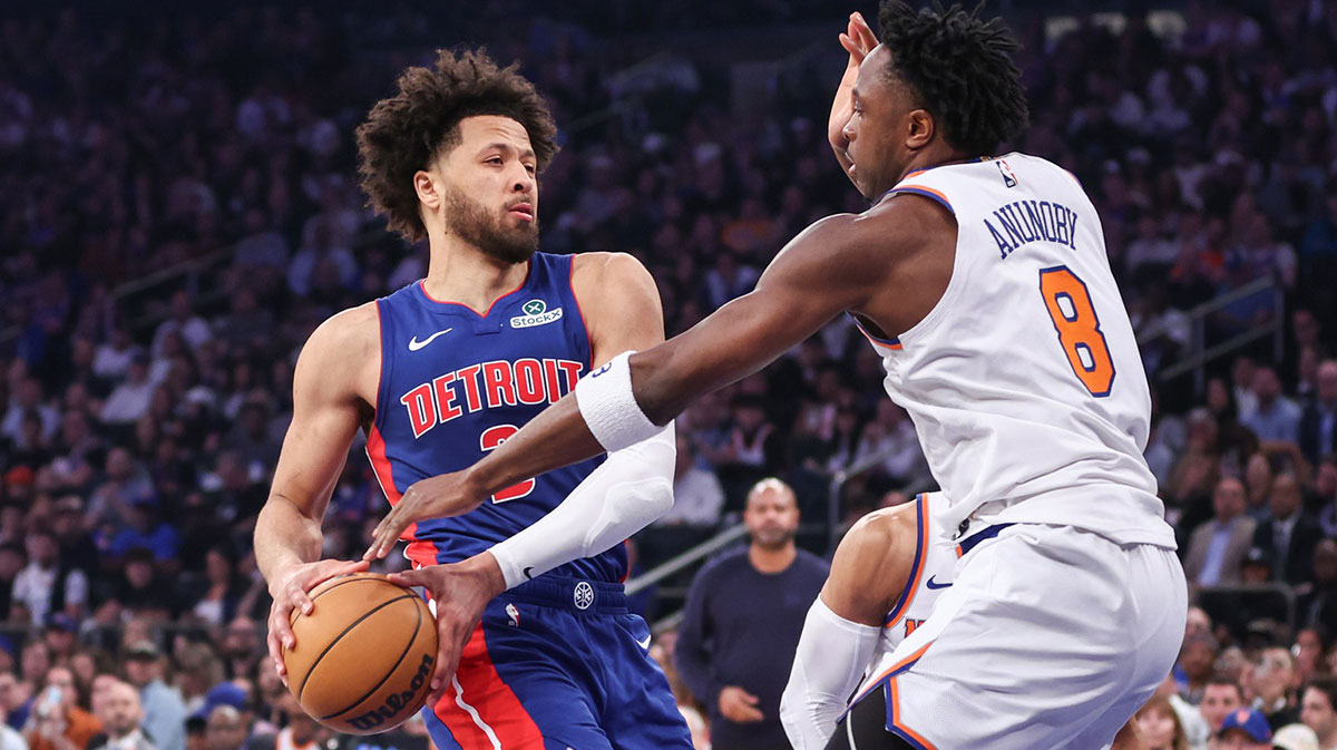 Detroit Pistons guard Cade Cunningham (2) looks to drive past New York Knicks forward OG Anunoby (8) in Game One of the First Round of the NBA Playoffs at Madison Square Garden.
