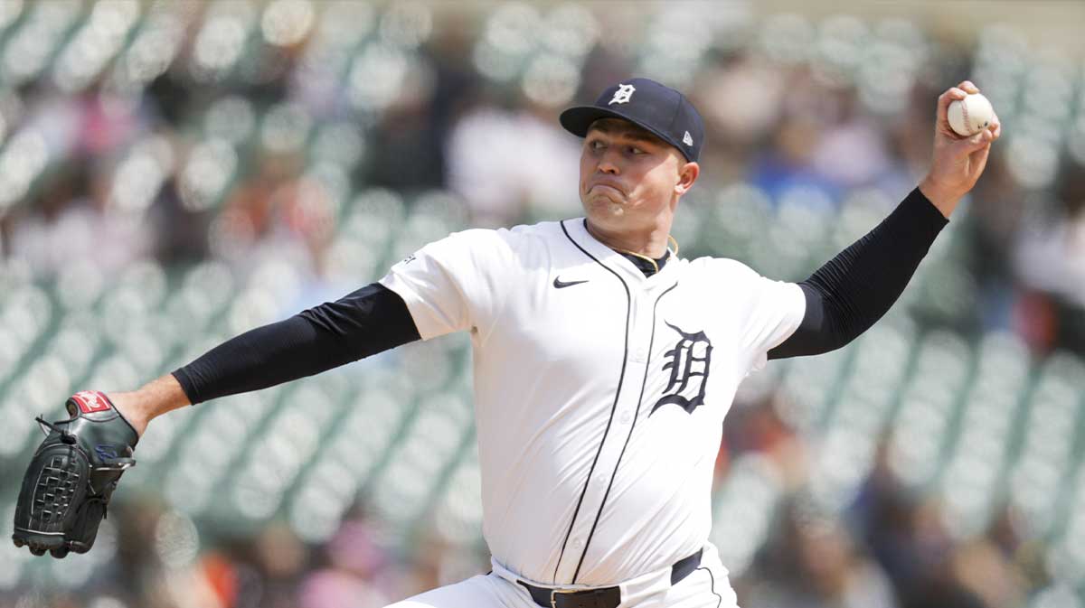 Detroit Tigers pitcher Tarik Skubal (29) throws against the Kansas City Royals in the first inning at Comerica Park.