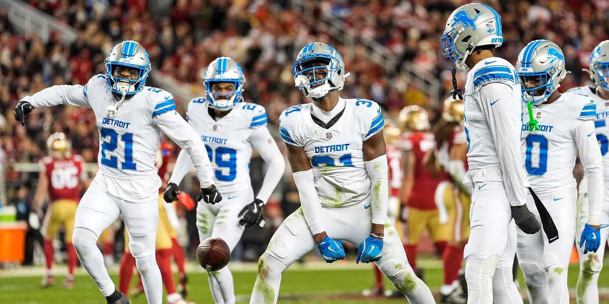 Detroit Lions safety Kerby Joseph (31) celebrates an interception against San Francisco 49ers during the second half at Levi's Stadium in Santa Clara, Calif. on Monday, Dec. 30, 2024.
