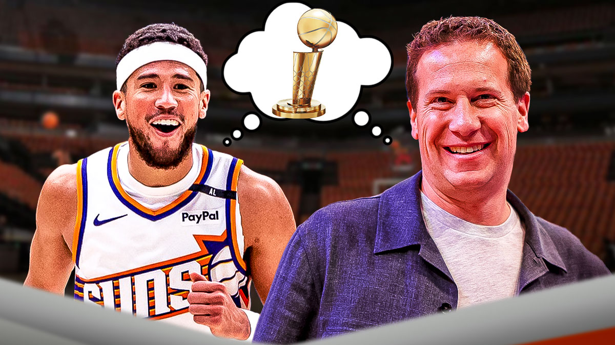 Suns owner Mat Ishbia and Suns guard Devin Booker with a combined thought bubble of the NBA championship, and both men are smiling.