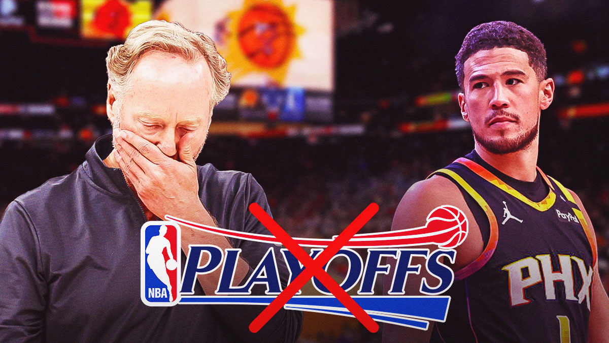 Phoenix Suns shooting guard Devin Booker and head coach Mike Budenholzer looking sad, with the NBA playoff logo next to them, and a big red X going through it.