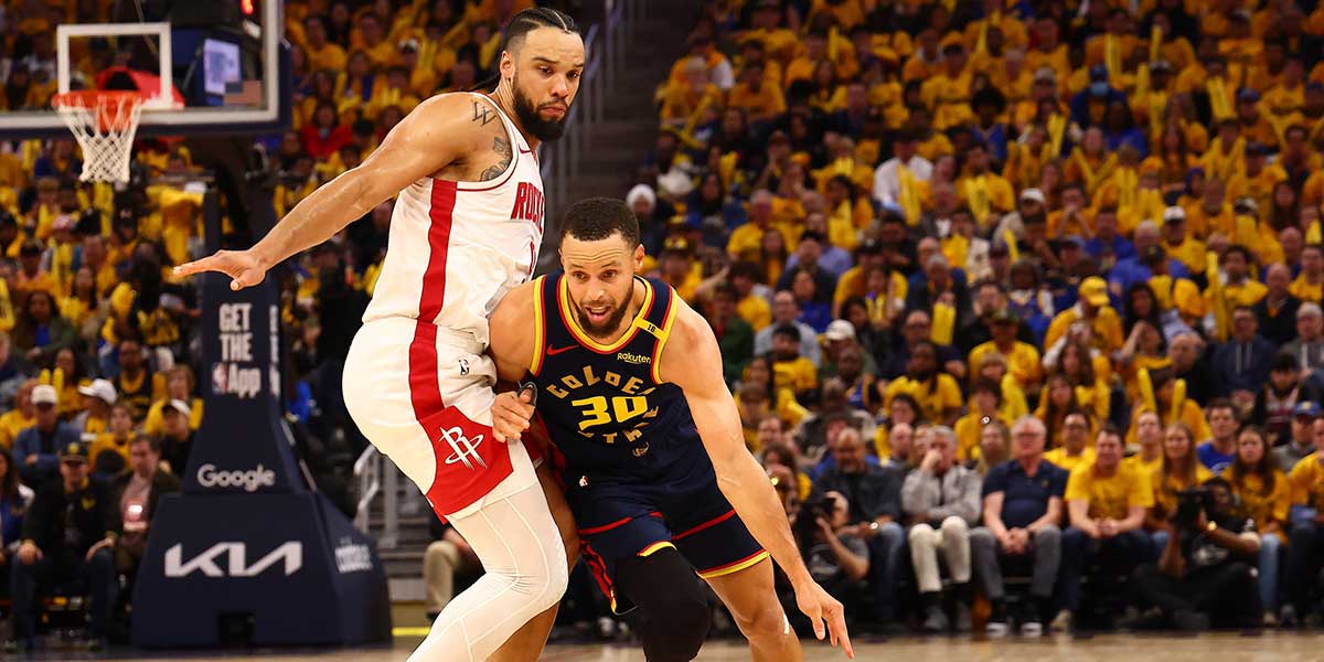 Golden State Warriors guard Stephen Curry (30) drives in against Houston Rockets forward/guard Dillon Brooks (9) during the third quarter of game four of the 2025 NBA Playoffs first round at Chase Center.