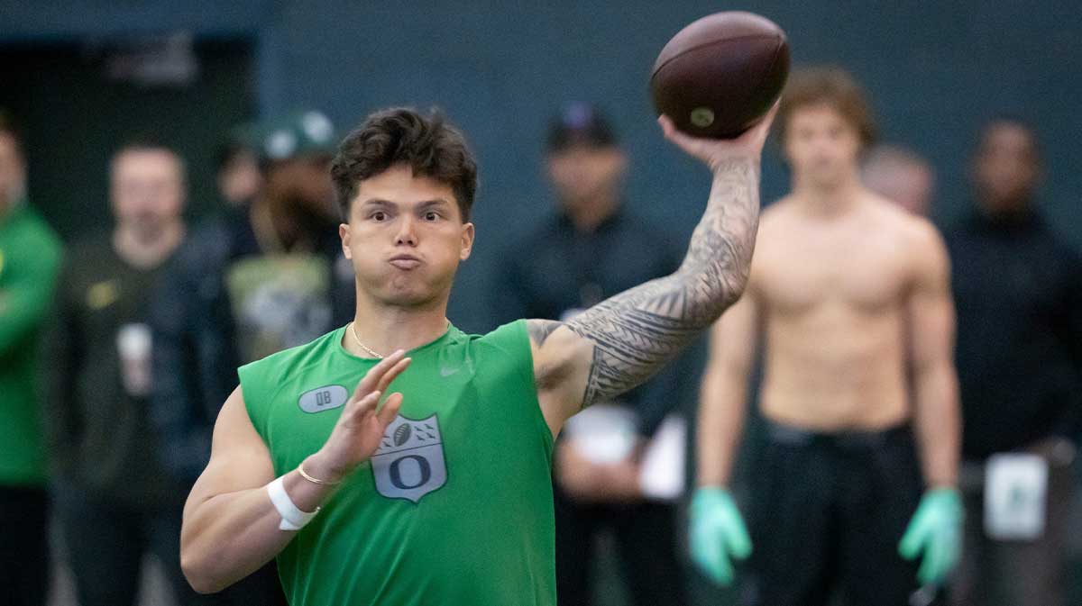 Oregon quarterback Dillon Gabriel throws out a pass during the Oregon football’s Pro Day Tuesday, March 18, 2025, at the Moshofsky Center in Eugene, Ore.