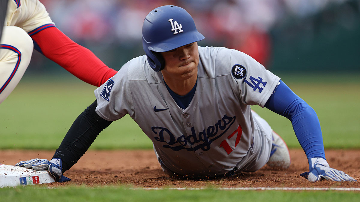 Los Angeles Dodgers designated hitter Shohei Ohtani (17) in action against the Philadelphia Phillies during the fourth inning at Citizens Bank Park. Mandatory Credit: Bill Streicher-Imagn Images