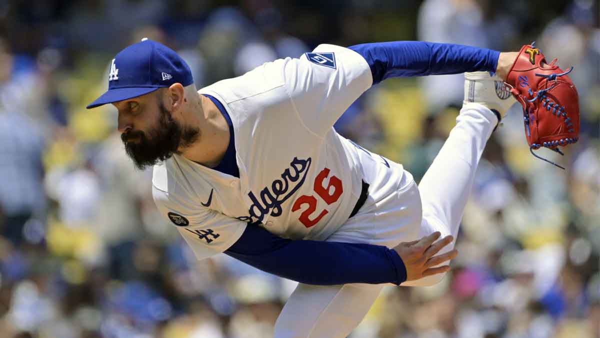 Los Angeles Dodgers starting pitcher Tony Gonsolin (26) pitches against the Miami Marlins during the fourth inning at Dodger Stadium.
