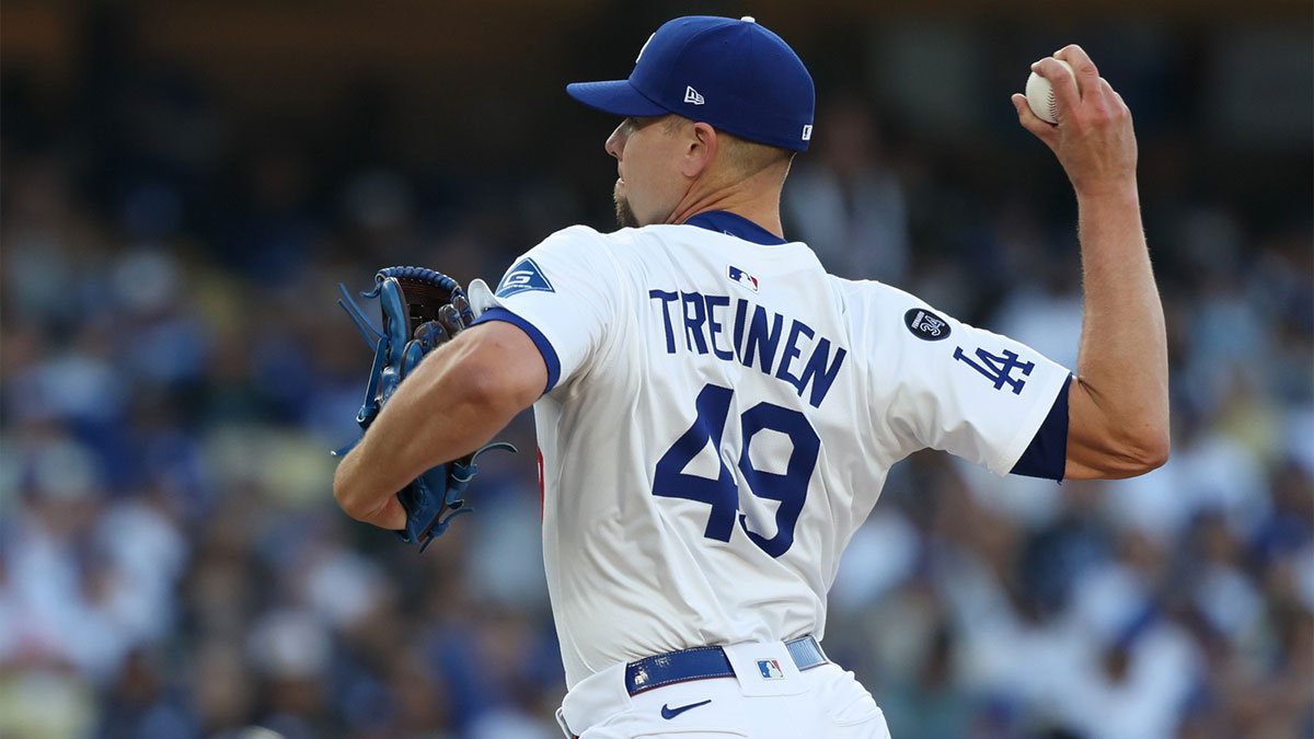 Los Angeles Dodgers pitcher Blake Treinen (49) throws a pitch against the Chicago Cubs during the seventh inning of the game at Dodger Stadium.