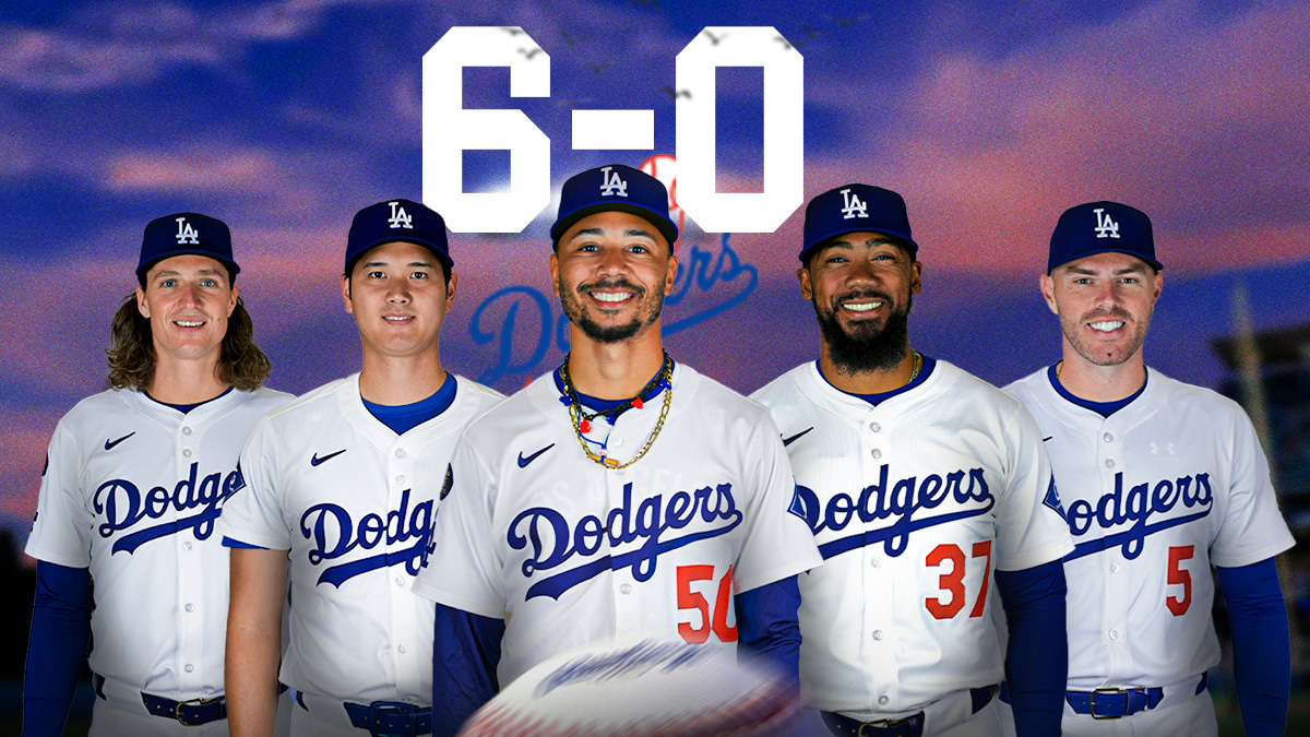 Tyler Glasnow, Shohei Ohtani, Mookie Betts, Teoscar Hernandez, Freddie Freeman and dodgers logo with huge "6-0" behind them.