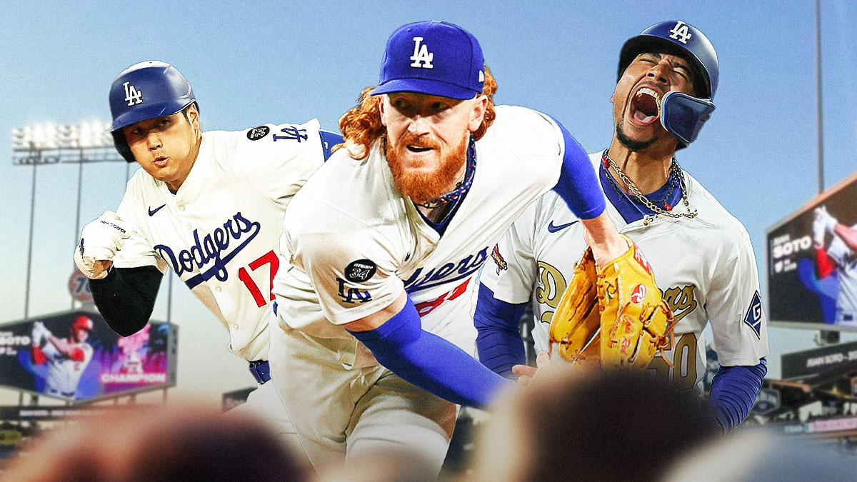 Dodgers' Shohei Ohtani, Dustin May and Mookie Betts, Dodger Stadium behind them