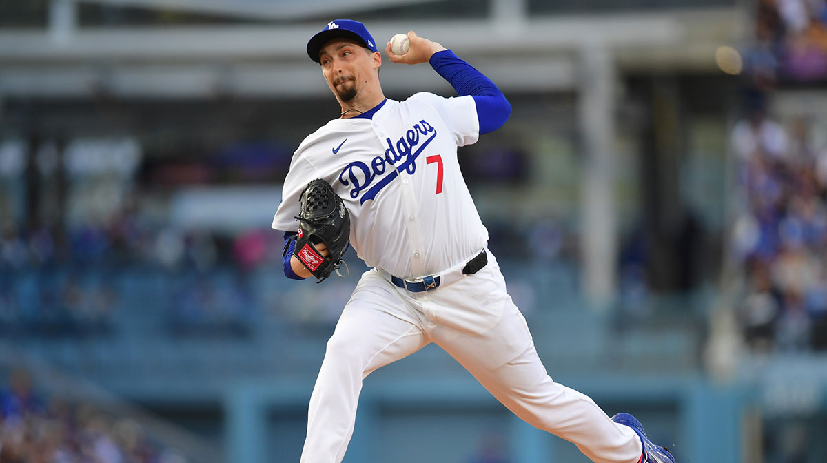 Los Angeles Dodgers pitcher Blake Snell (7) throws during the first inning against the Atlanta Braves at Dodger Stadium.