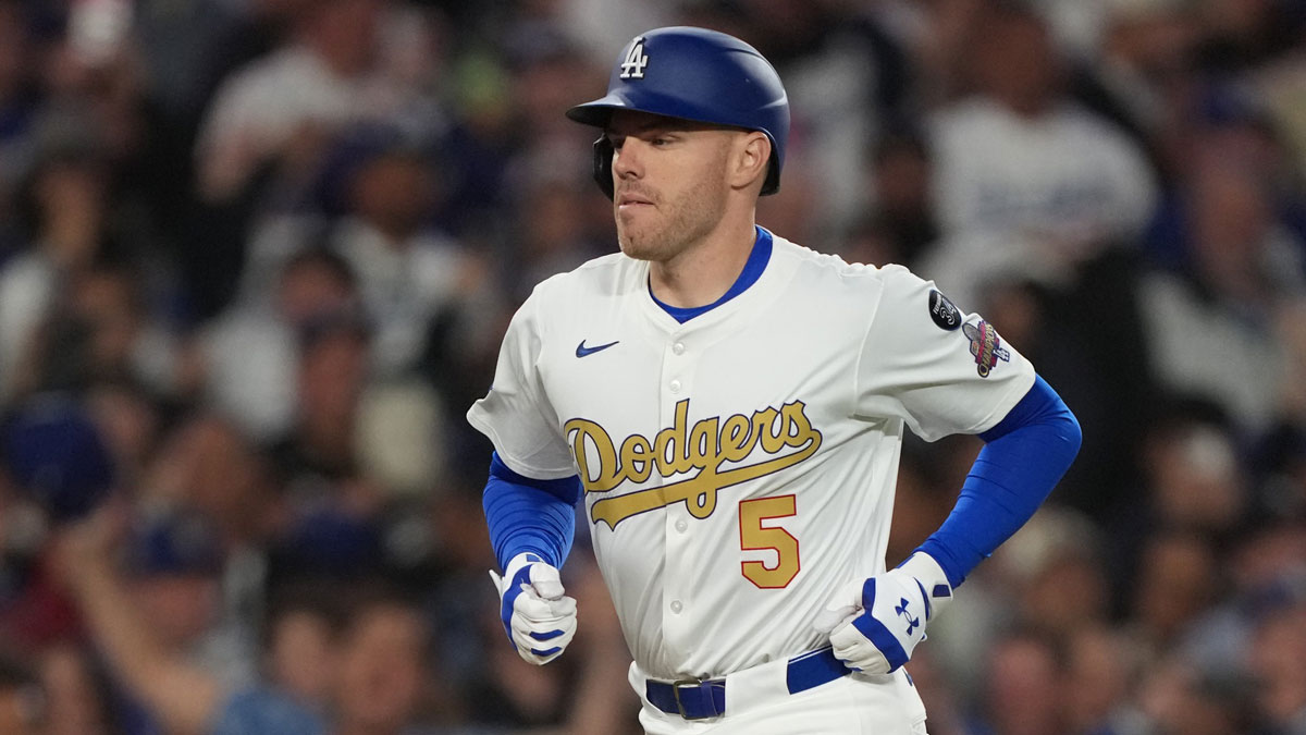 Los Angeles Dodgers first baseman Freddie Freeman (5) celebrates a homerun against the Detroit Tigers during the sixth inning at Dodger Stadium.