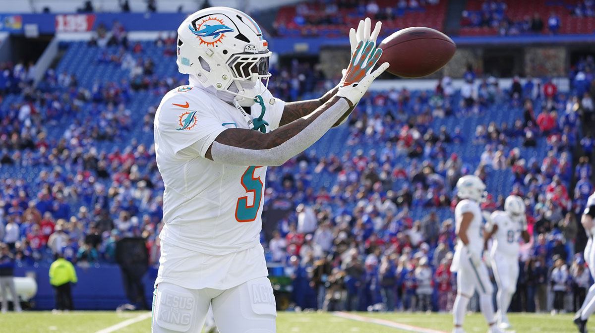 Miami Dolphins cornerback Jalen Ramsey (5) warms up prior to the game against the Buffalo Bills at Highmark Stadium.