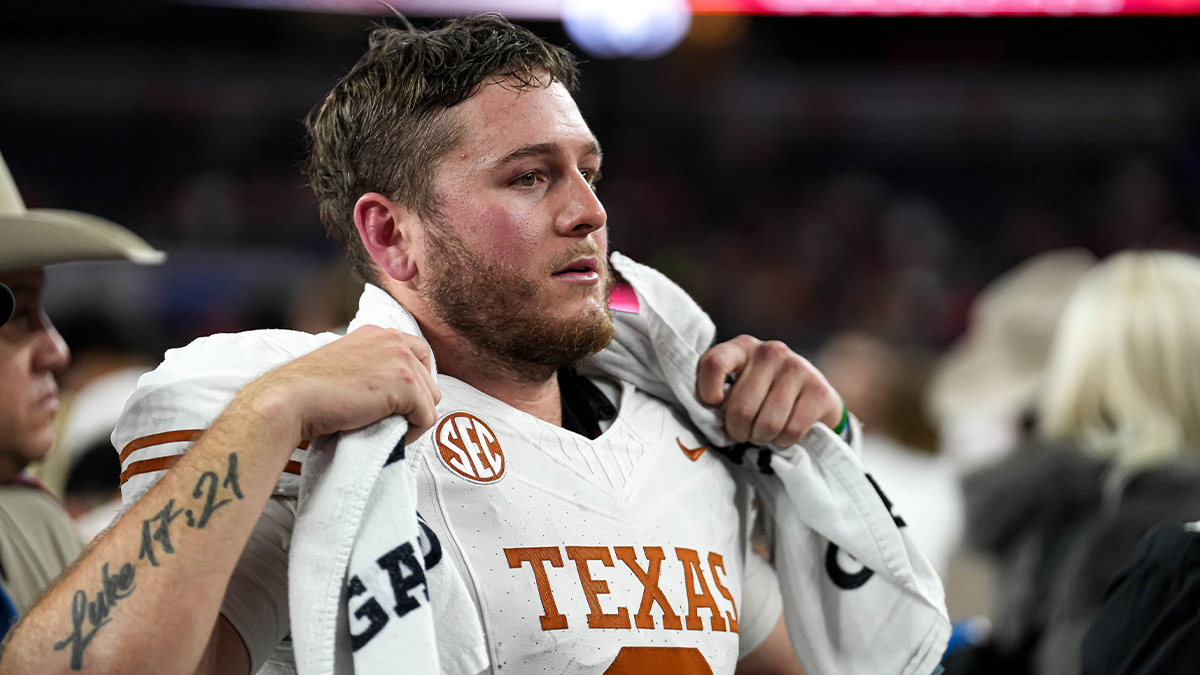 Texas Longhorns quarterback Quinn Ewers (3) looks into the crowd after the 28-14 loss to Ohio State in the College Football Playoff semifinal game in the Cotton Bowl at AT&T Stadium on Friday, Jan. 10, 2024 in Arlington, Texas.