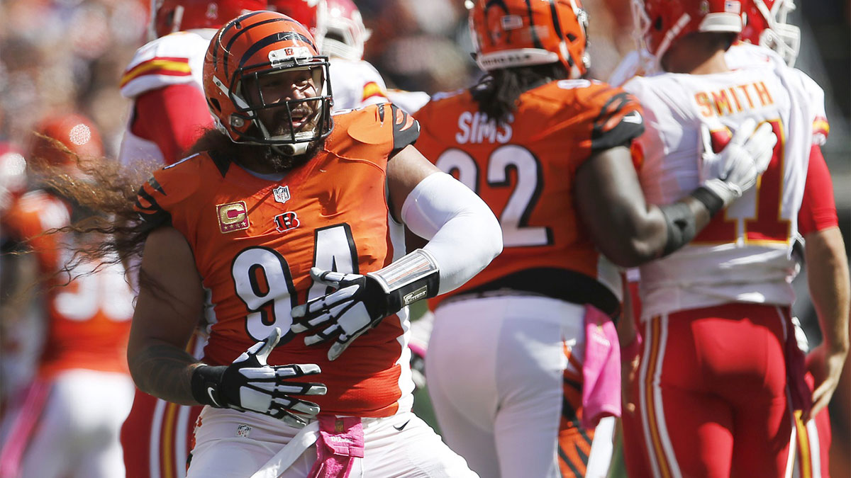 Bengals defensive tackle Domata Peko (94) celebrates after sacking Kansas City Chiefs quarterback Alex Smith (11) in the second quarter on Oct. 4, 2015, at Paul Brown Stadium.