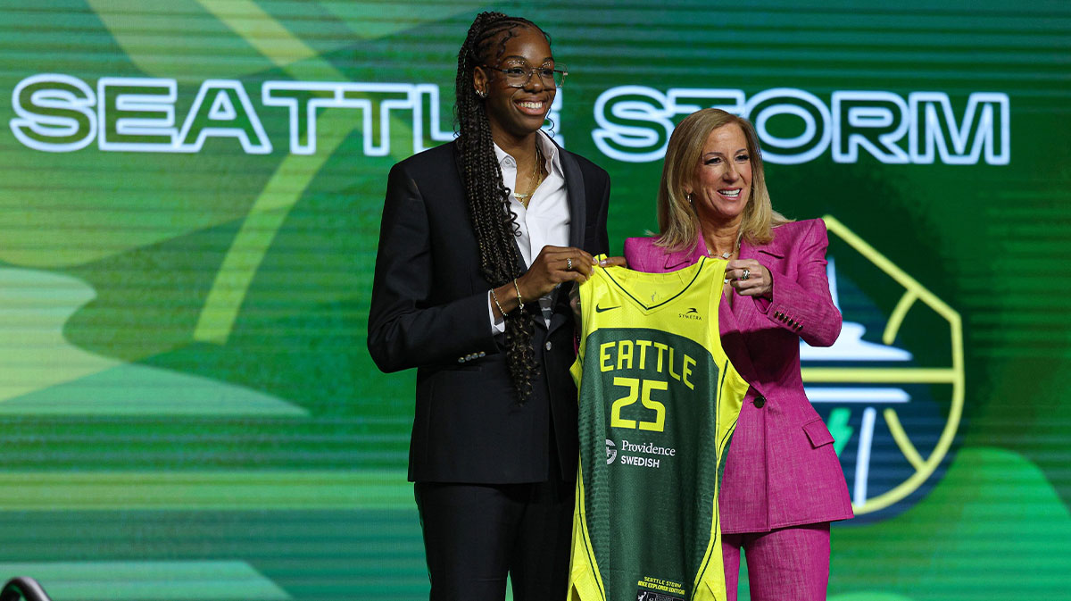 Dominique Malonga poses with WNBA commissioner Cathy Engelbert after being selected with the number two overall pick to the Seattle Storm in the 2025 WNBA Draft at The Shed at Hudson Yards.