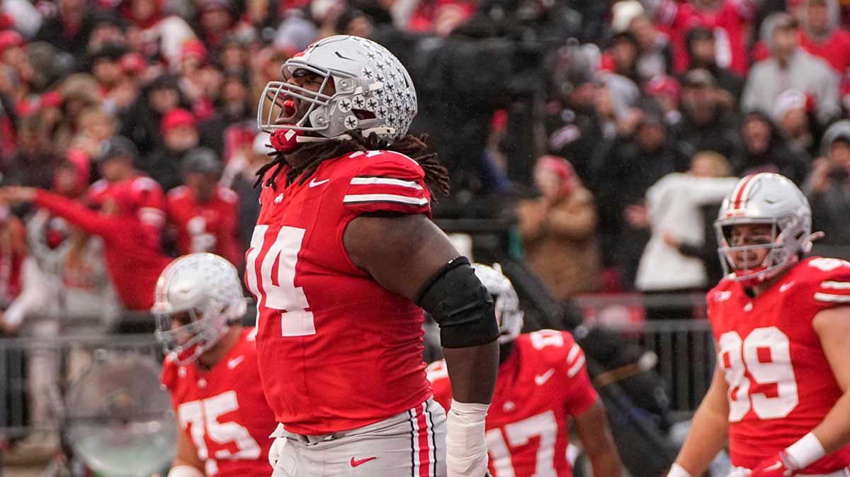 Ohio State offensive lineman Donovan Jackson (74) moved from guard to tackle this season following an injury to Josh Simmons.