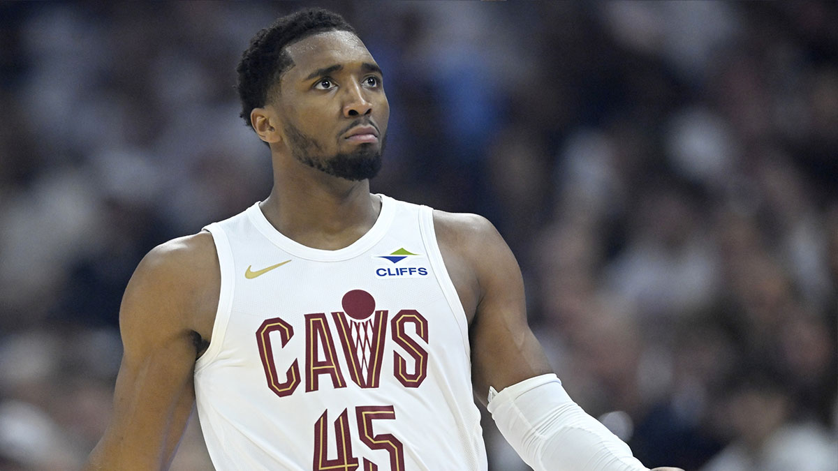 Cleveland Cavaliers guard Donovan Mitchell (45) walks on the court in the first quarter against the Miami Heat at Rocket Arena.