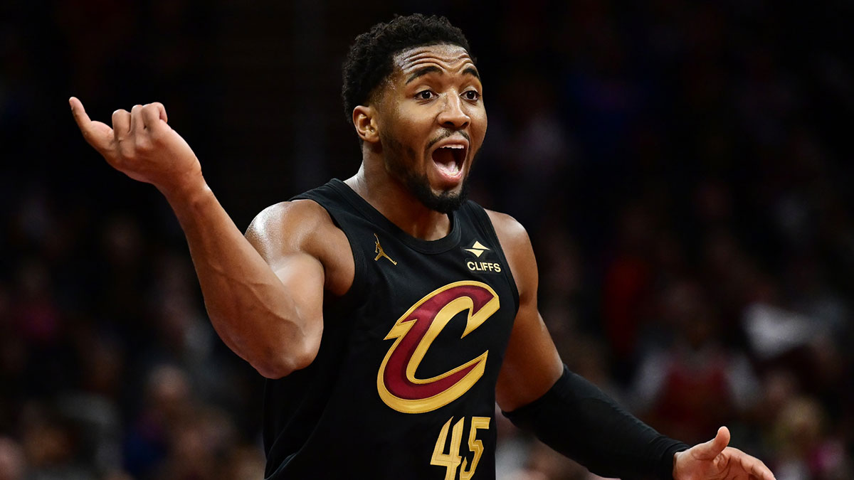 Cleveland Cavaliers guard Donovan Mitchell (45) reacts during the second half against the Chicago Bulls at Rocket Mortgage FieldHouse.