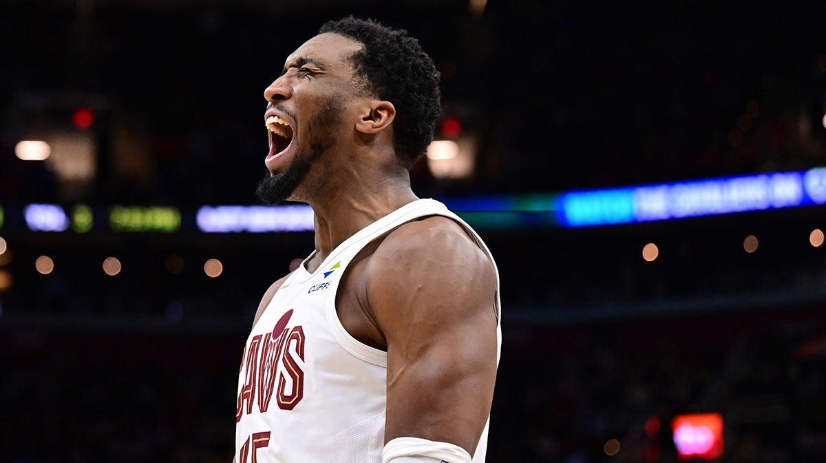 Cleveland Cavaliers guard Donovan Mitchell (45) reacts after a play during the second half against the Sacramento Kings at Rocket Arena.